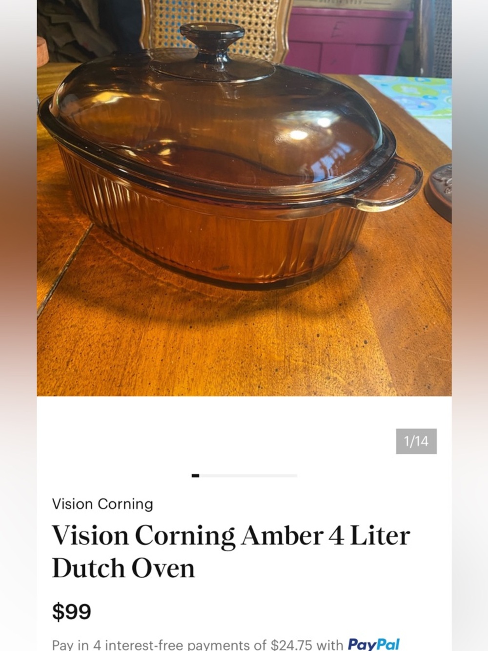 🍁HP! Vision 4 Quart Amber Dutch Oven Roaster w Lid. Corningware - Picture 12 of 12